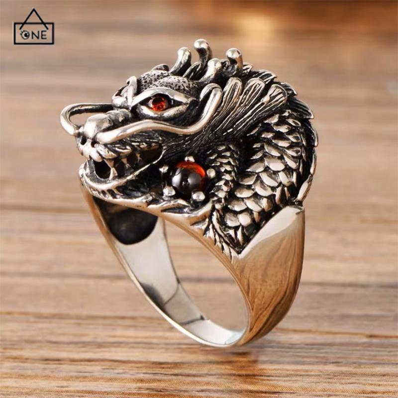 COD❤️Berlapis Perak Perhiasan Pribadi Kepala Naga Bertatahkan Cincin Zirkonia Vintage Cincin Naga-A.one