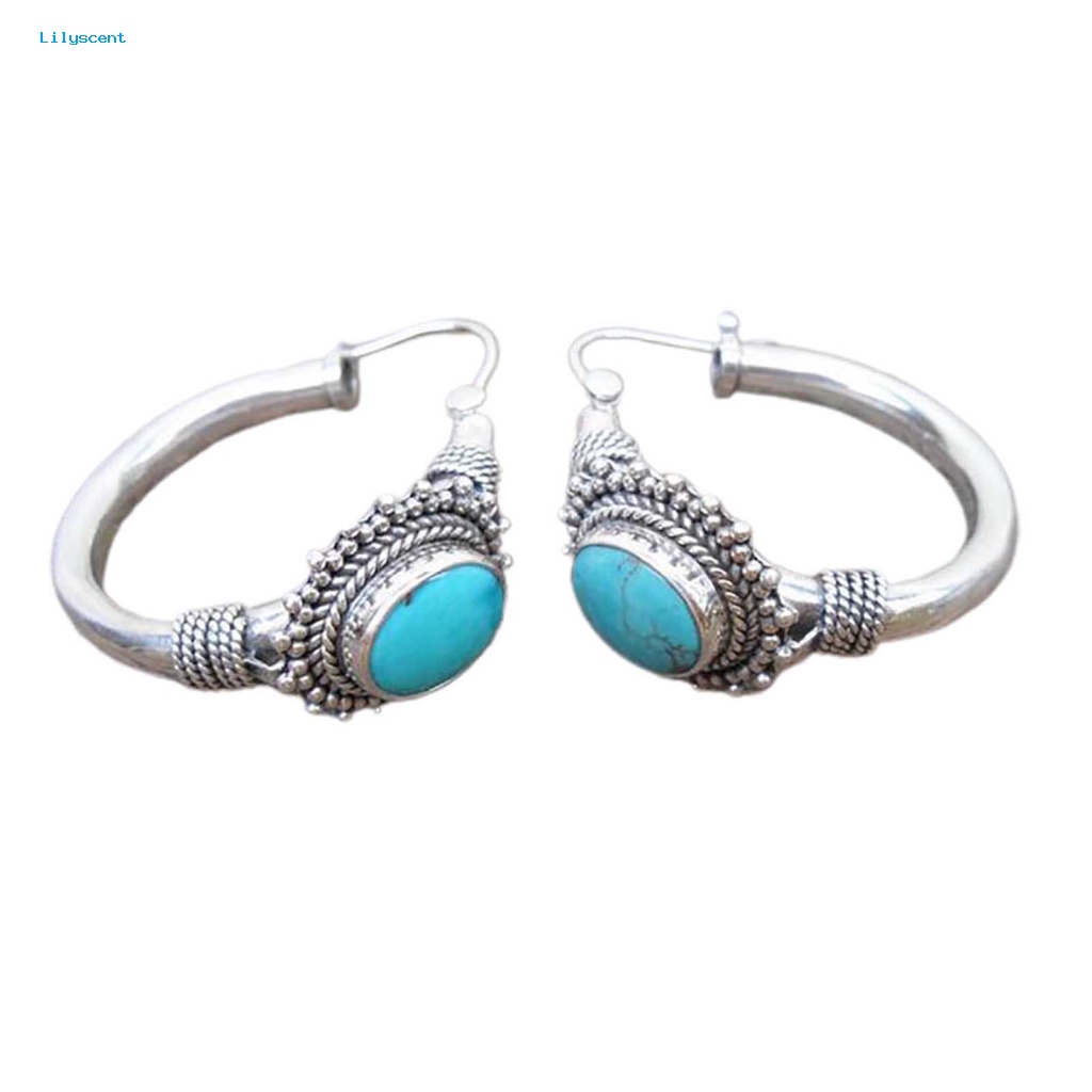 Lilyscent 1pasang Anting Klip Tindik Perhiasan Aksesoris Vintage Turquoise Lady Boho Earrings Simple