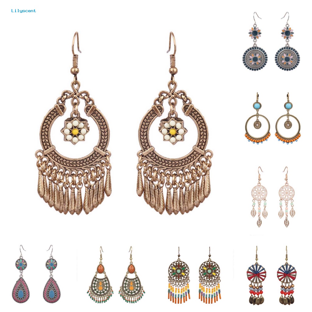 Lilyscent 1pasang Shiny Boho Earrings Perhiasan Pesta Gaya Etnik Rumbai Pesona Anting Bentuk Bunga