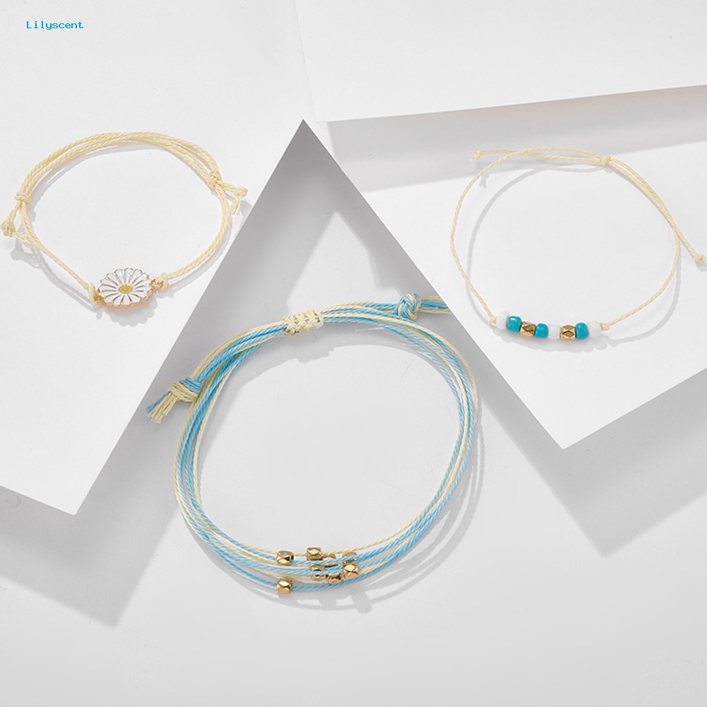 Lilyscent 3Pcs/Set Bohemian Wanita Manik Bunga Pesona Tali Gelang Bangle Perhiasan Hadiah