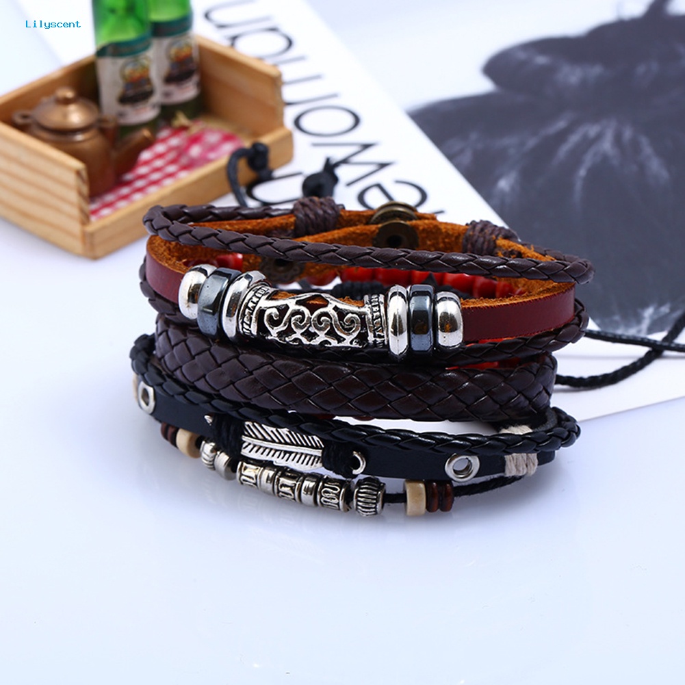 Lilyscent 4pcs Retro Punk Pria Manik-Manik Kulit Imitasi Kepang Multi Lapisan Gelang Yang Dapat Disesuaikan