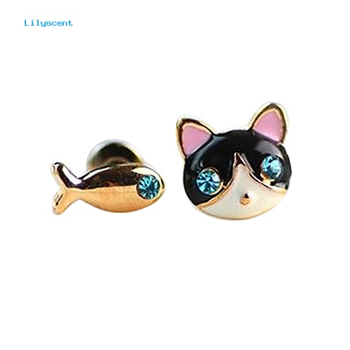 Lilyscent 1pasang Wanita Korea Lucu Kucing Ikan Berlian Imitasi Stud Earrings Fashion Perhiasan