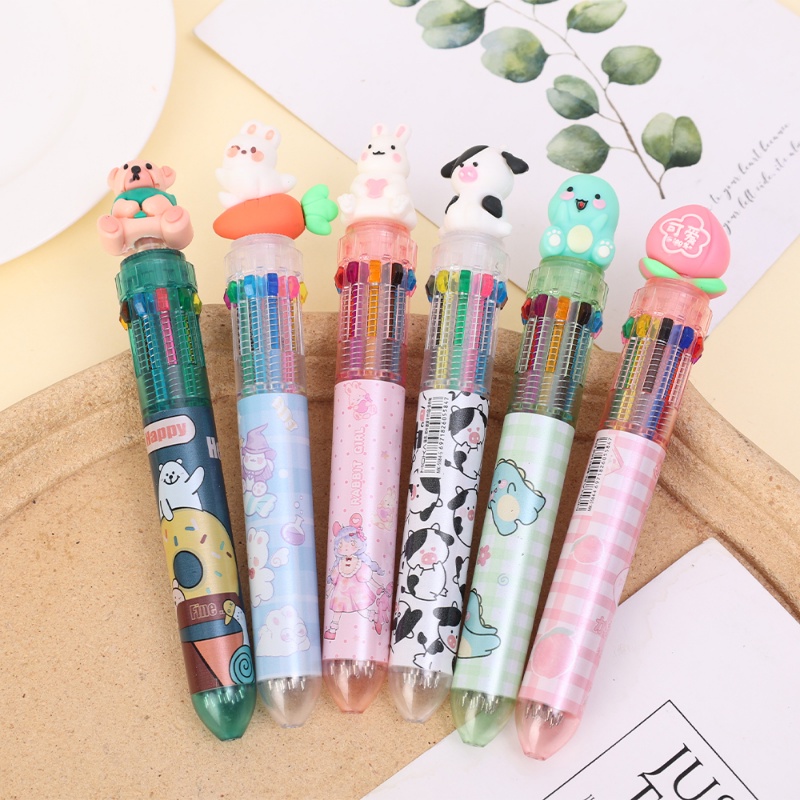 Bolpoin Multi Berwarna/Bolpen Shuttle 0.5mm 10-in-1 Retractable/Sepuluh Warna Kawaii Tulisan Alat Tulis Kantor Perlengkapan Sekolah