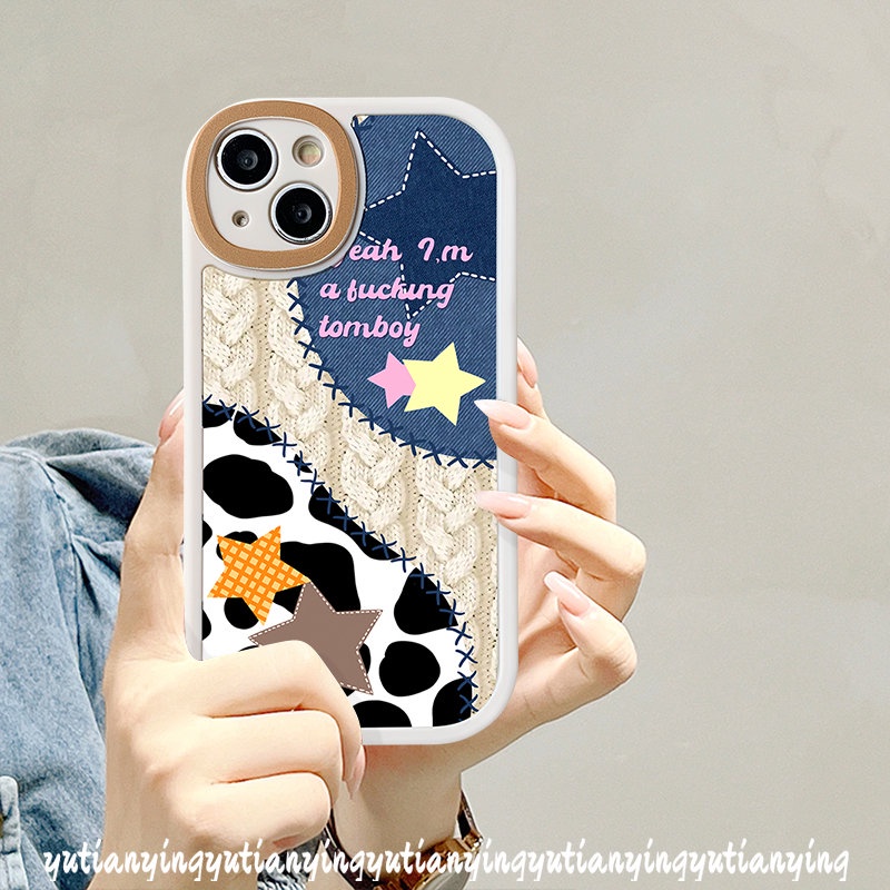 IPHONE Kartun Lucu Koboi Bintang Denim Ponsel Case Kompatibel Untuk Iphone6 8 7 6s Plus XS XR X Max11 12 14 13 Pro Max SE 2020 Patch Motif Leopard Lembut Tpu Pasangan Penutup Belakang