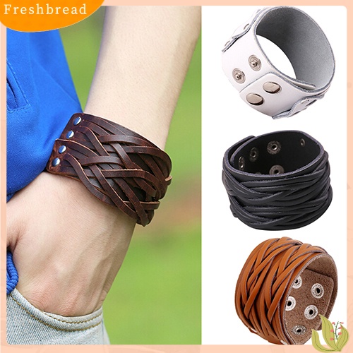 &lt; Freshbread &gt; Wanita Pria Gaya Punk Keren Kulit Bangle Rajut Manset Lebar Handmade Gelang