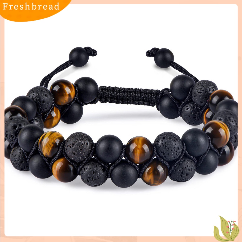 &lt; Freshbread &gt; Gelang Pria Dikepang Tali ic Double Layer Adjustable Serut Kepribadian Hias Tiger Eye Faux Rock Stone Pria Gelang Perhiasan Aksesori