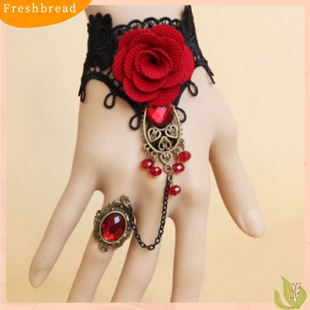 &lt; Freshbread &gt; Rose Decor Black Lace Cincin Gelang Wanita Permata Imitasi Mutiara Imitasi Cincin Tangan Rantai Perhiasan Aksesori