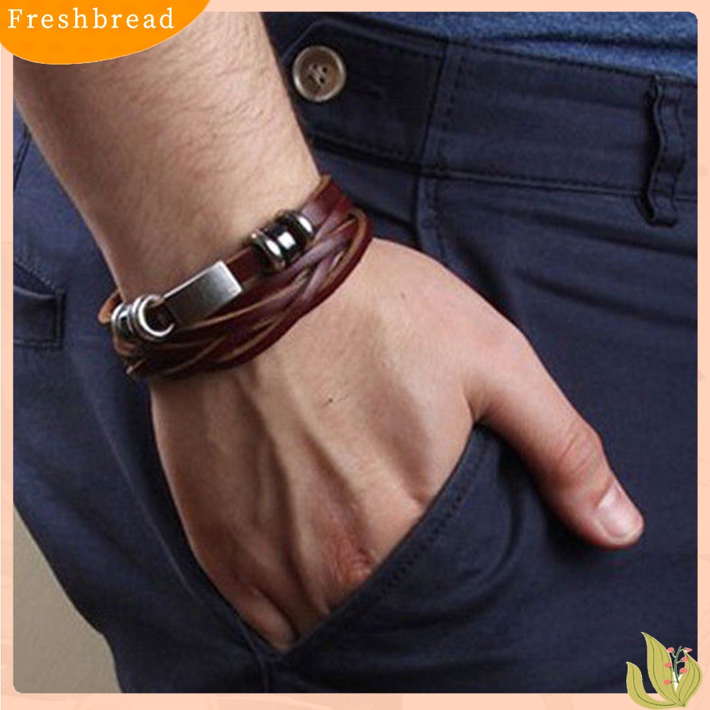 &lt; Freshbread &gt; Vintage Pria Wanita Kulit Imitasi Multilayer Gelang Bangle Gelang Perhiasan