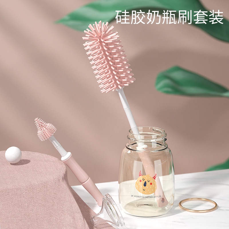 ღ 3 Buah Botol Bayi Sikat Adjustable Telescopic Rod Dot Bayi Cup Nipple Cleaning Brushes Set Handheld Lembut Kepala food Grade Sikat Pembersih