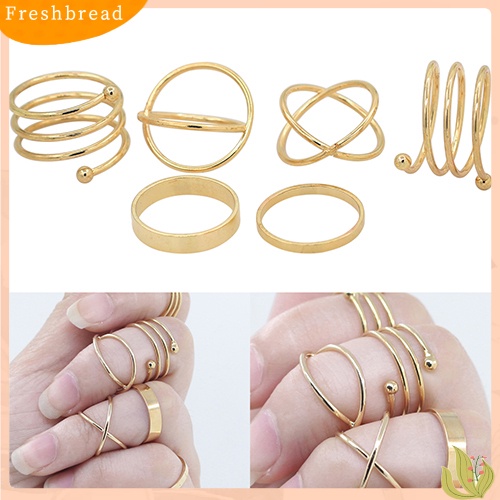 &lt; Freshbread &gt; 6Pcs/Set Wanita Golden Tone Stack Polos Slim Band Midi Ring Spiral Knuckle Rings