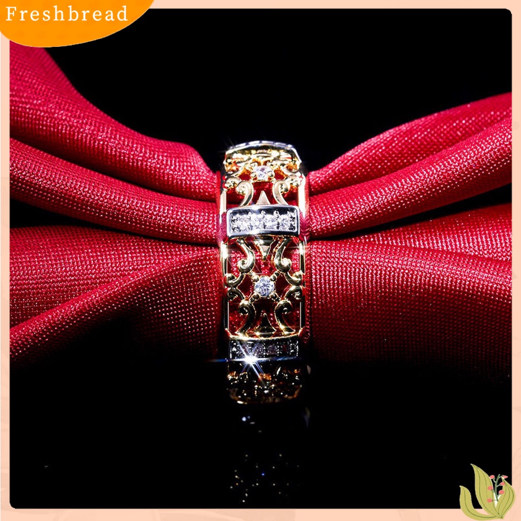 &lt; Freshbread &gt; Wanita Cincin Gaya Vintage Berongga Ukiran Dua Warna Kuno Bling Cubic Zirconia Ladies Finger Ring Fashion Jewelry