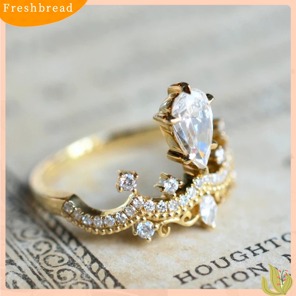 &lt; Freshbread &gt; Wanita Teardrop Cubic Zirconia Bertatahkan Mahkota Jari Cincin Pernikahan Perhiasan Hadiah