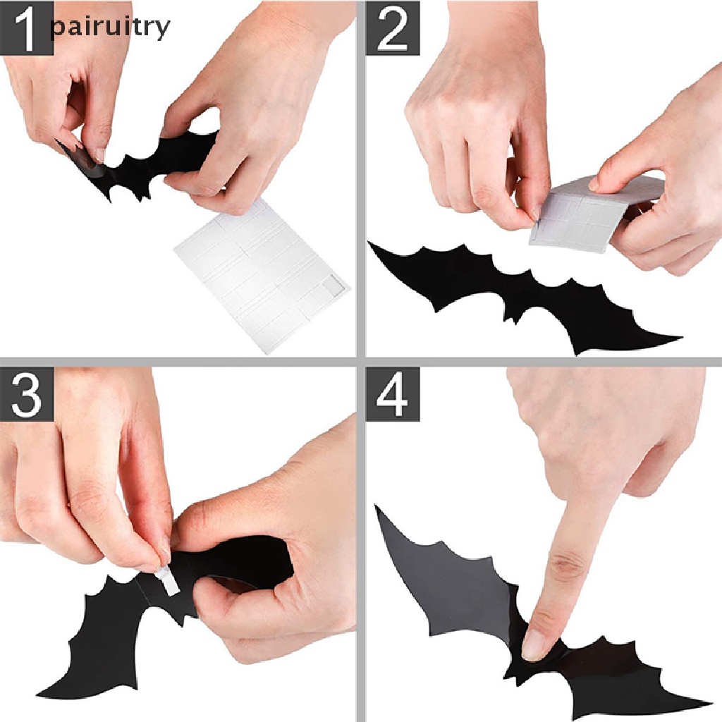 Prt 12PCS Dekorasi Halloween 3D Hitam PVC Kelelawar Halloween Party Decor Props Stiker PRT