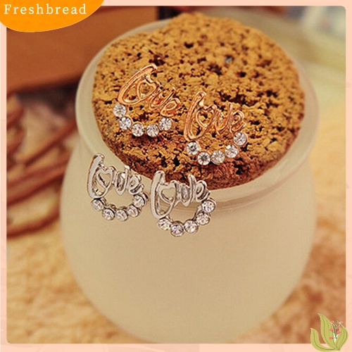 &lt; Freshbread &gt; Fashion Wanita Elegan Berlian Imitasi Mengkilap Cinta Surat Telinga Stud Anting Perhiasan