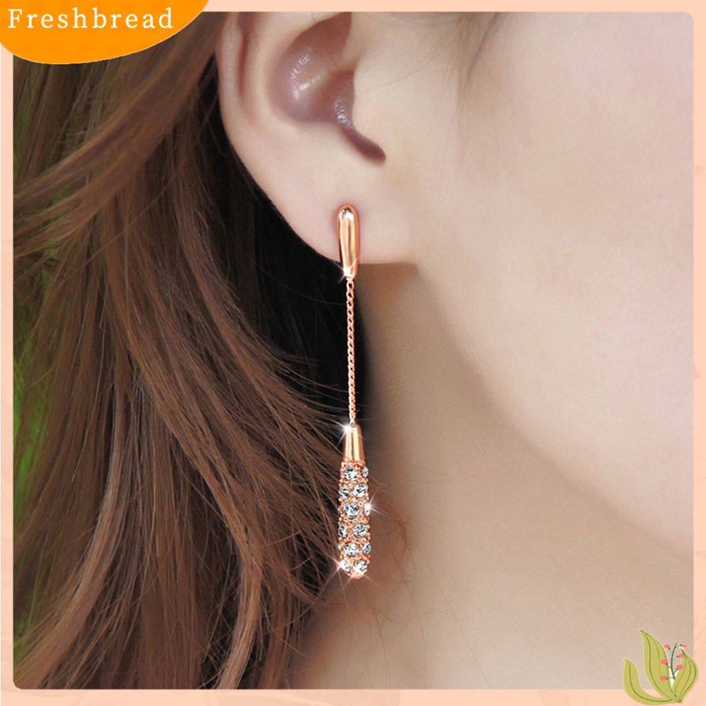 &lt; Freshbread &gt; 1pasang Anting Wanita Panjang Berlian Imitasi Mengkilap Hias Bentuk Kolom Rantai Drop Earrings Hadiah Ulang Tahun