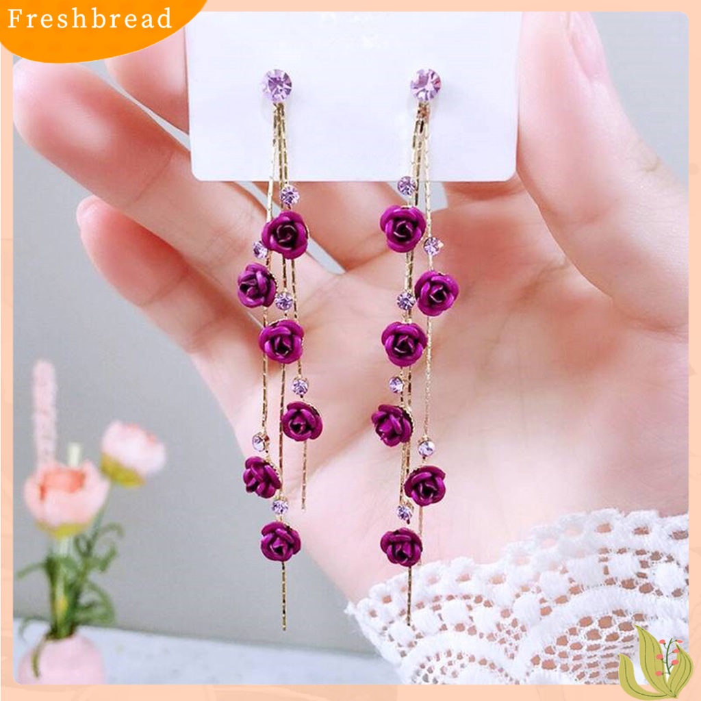 < Freshbread > 1pasang Anting Wanita Bentuk Mawar Rumbai Manis Berlian Imitasi Menjuntai Anting Untuk Hadiah