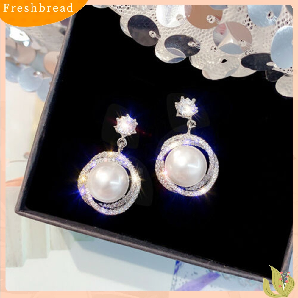 &lt; Freshbread &gt; Wanita Elegan Berlian Imitasi Mutiara Imitasi Lingkaran Menjuntai Ear Stud Earrings Perhiasan Hadiah