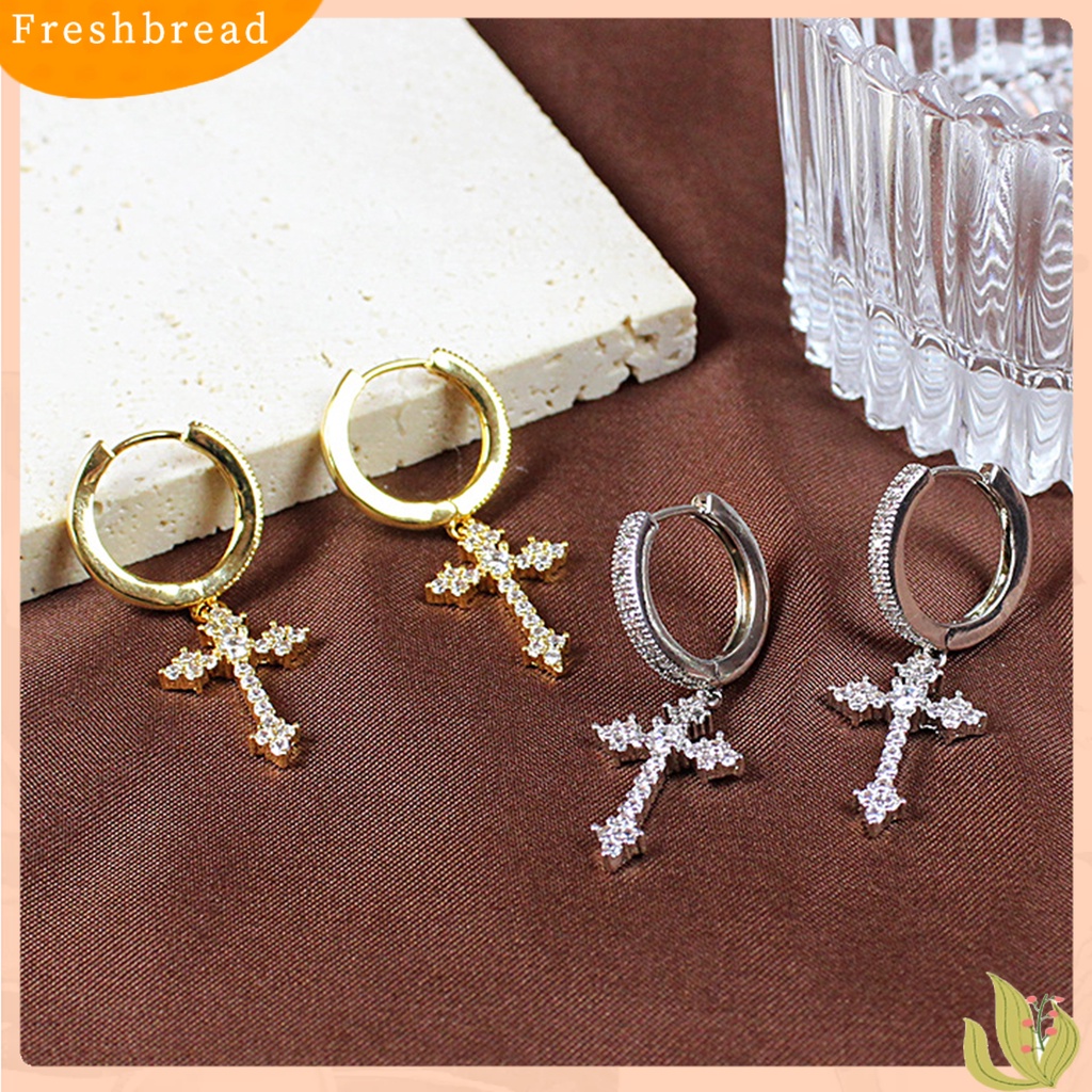 &lt; Freshbread &gt; 1pasang Wanita Menjuntai Anting Besar Lengket Berkilau Cubic Zirconia Bentuk Salib Drop Earrings Hadiah Ulang Tahun