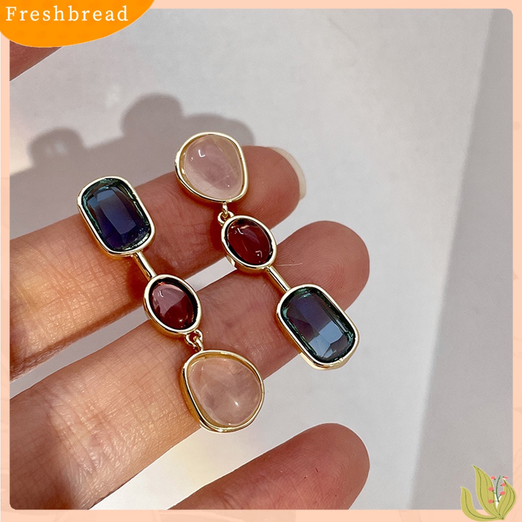 &lt; Freshbread &gt; 1pasang Anting Menjuntai Medieval Asimetris Elegan Warna Kontras Batu Alam Drop Earrings Aksesoris Perhiasan