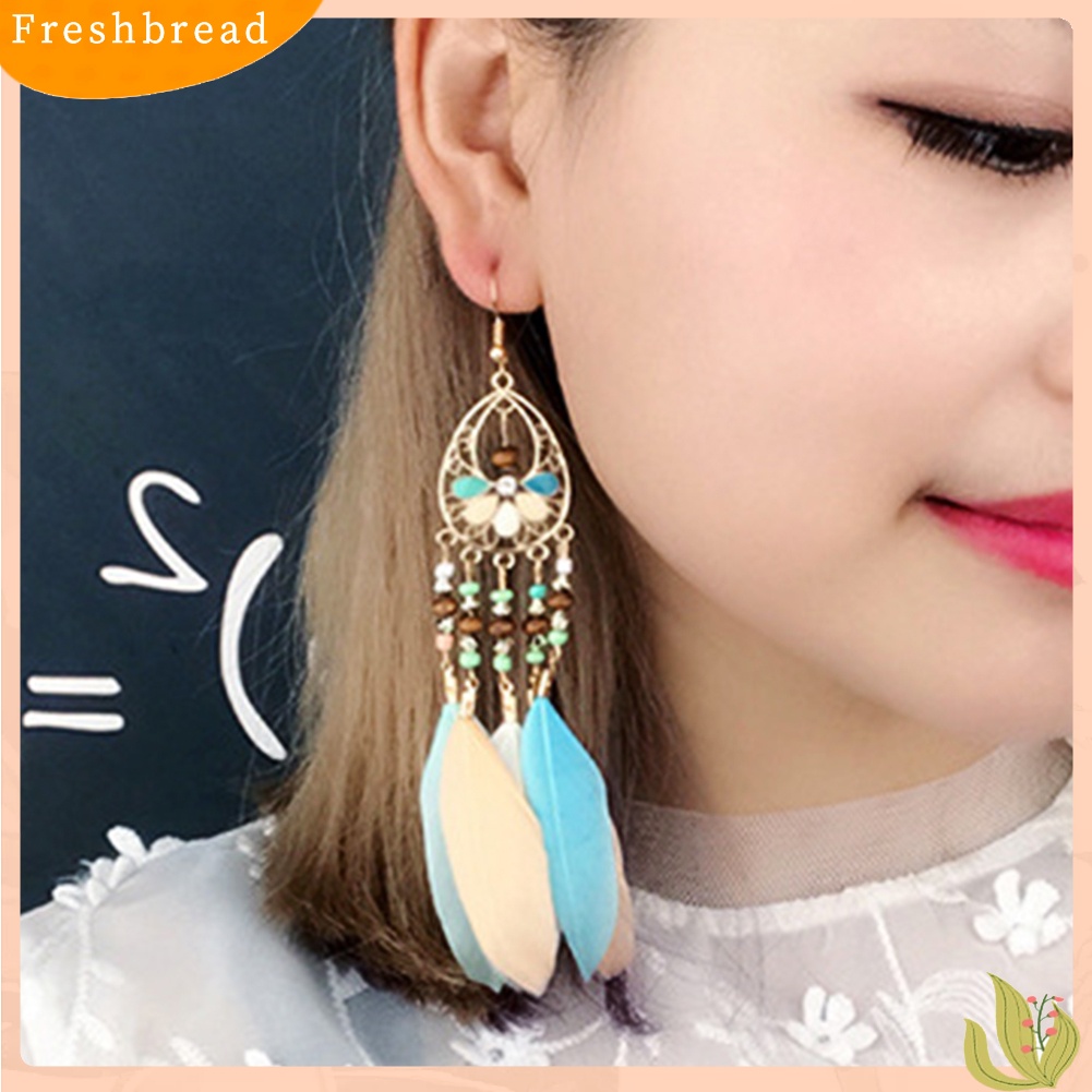 &lt; Freshbread &gt; Boho Wanita Berongga Manik-Manik Oval Warna-Warni Bulu Rumbai Drop Statement Earrings