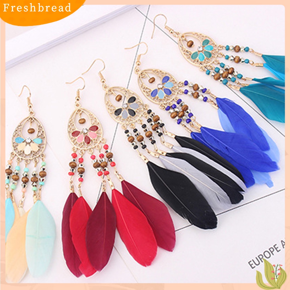 &lt; Freshbread &gt; Boho Wanita Berongga Manik-Manik Oval Warna-Warni Bulu Rumbai Drop Statement Earrings