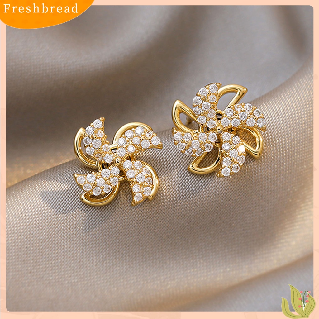 &lt; Freshbread &gt; Ear Studs Rotating Windmill Shape Rhinestone Gaya Korea Shiny All Match Stud Earrings Aksesoris Perhiasan