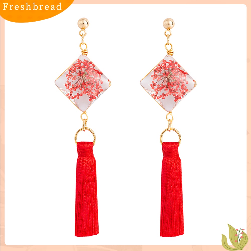 &lt; Freshbread &gt; Ethnic Square Daffodil Panjang Rumbai Menjuntai Ear Stud Earrings Wanita Perhiasan Hadiah