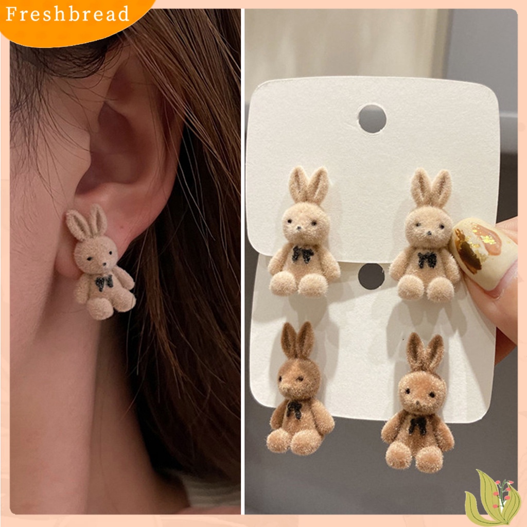 &lt; Freshbread &gt; 1pasang Ear Studs Elegant Silver plated Winter Hangat Flocking Velvet Rabbit Earrings Hadiah Hari Paskah