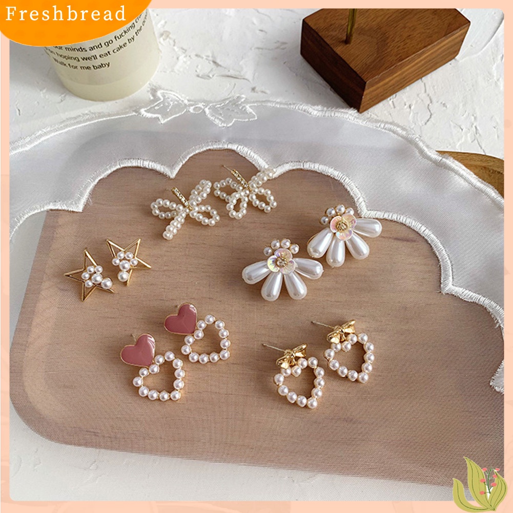 &lt; Freshbread &gt; Fashion Wanita Mutiara Imitasi Busur Bunga Hati Telinga Stud Bintang Anting Perhiasan Hadiah