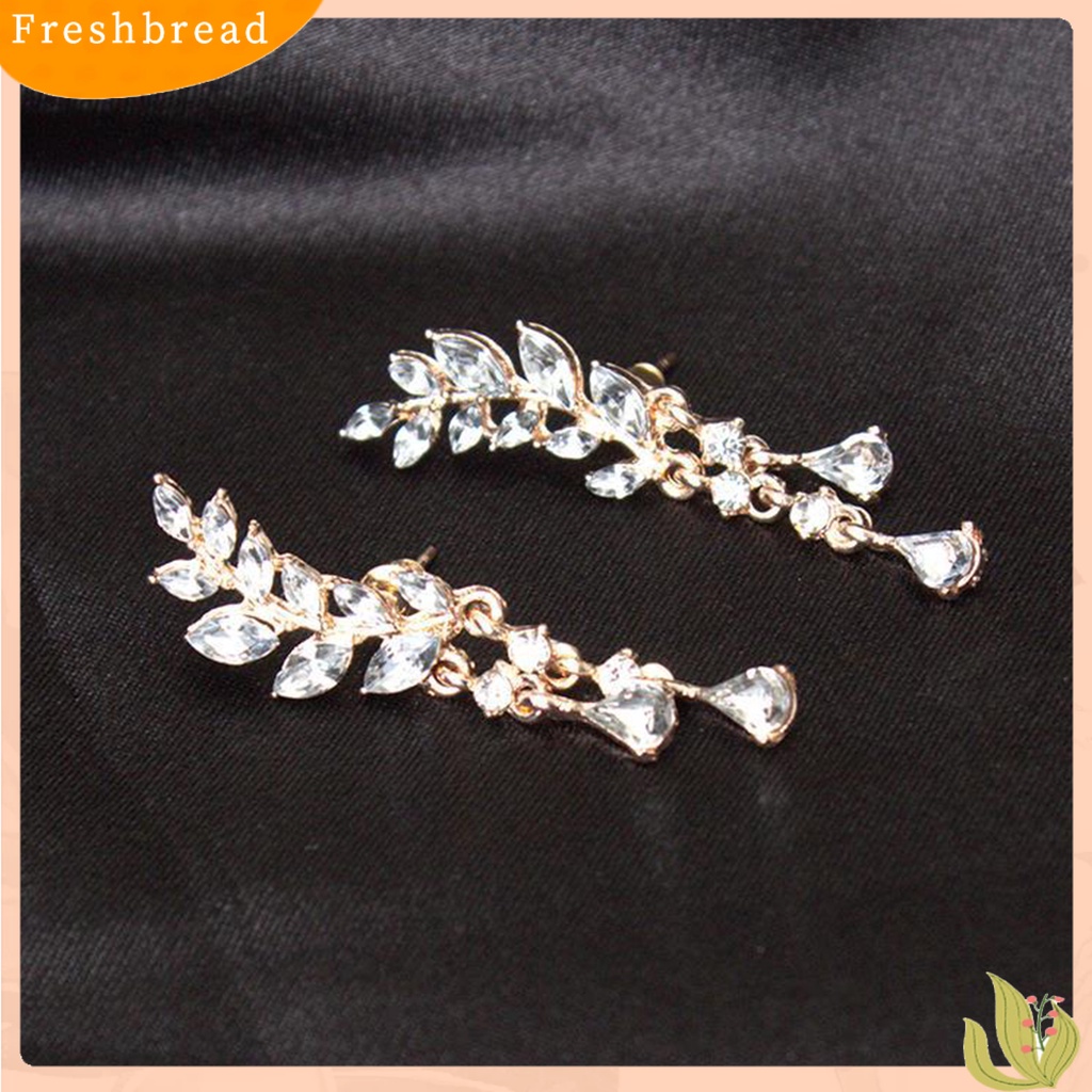&lt; Freshbread &gt; Ear Studs Leaf Wanita Elegan Berlian Imitasi Drop Ear Manset Earrings Untuk Pacaran