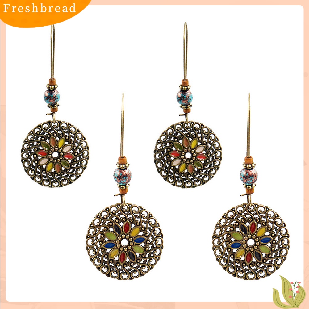 &lt; Freshbread &gt; Vintage Berongga Bulat Liontin Enamel Bunga Menjuntai Panjang Kerawang Anting Ukir