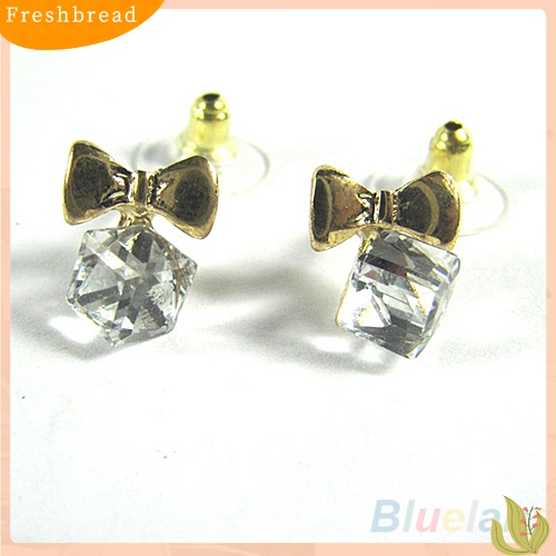 &lt; Freshbread &gt; Wanita Kilau Chic Ikatan Simpul Shiny Cube Berlian Imitasi Ear Studs Lucu Menjuntai Anting-Anting