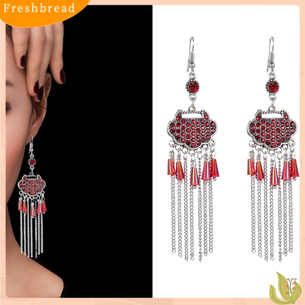 &lt; Freshbread &gt; 2 Pcs Menjuntai Anting-Anting Semua Pertandingan Klasik Vintage Retro Gaun Panjang Paduan Panjang Umur Kunci Berlian Imitasi Bertatahkan Lady Earrings Hadiah