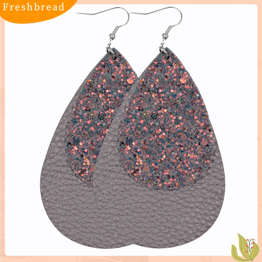 &lt; Freshbread &gt; Glitter Sequin Teardrop Kulit Imitasi Drop Menjuntai Pernyataan Wanita Anting Kait