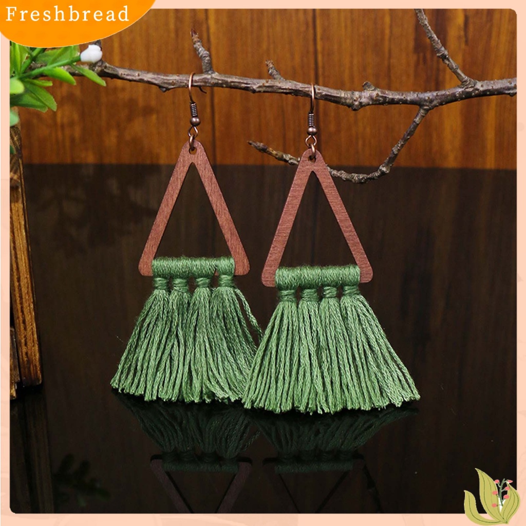 &lt; Freshbread &gt; 1pasang Segitiga Kayu Gaya Etnik Lady Drop Earrings Aksesori Bohemian Benang Katun Rumbai Kait Anting Perhiasan Pesta