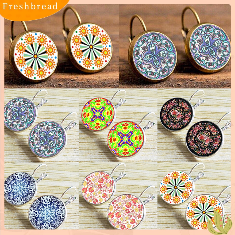 &lt; Freshbread &gt; Retro Mandala Bunga Bulat Perunggu Klip Telinga Gadis Wanita Leaverback Earrings