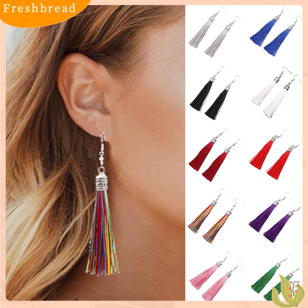 &lt; Freshbread &gt; 1pasang Anting Kait Bohemian Artistik Benang Katun Fringe Desain Menjuntai Anting Aksesoris Telinga