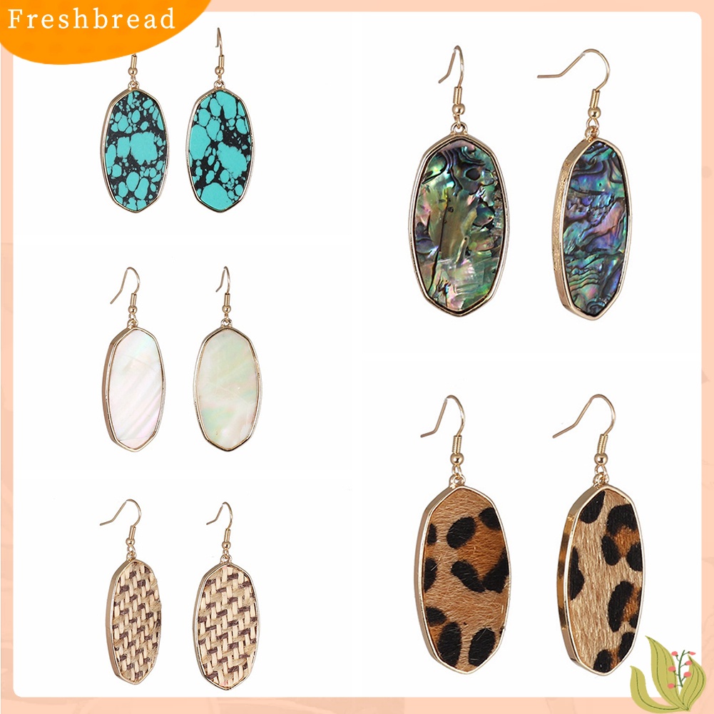 &lt; Freshbread &gt; Fashion Wanita Abalone Shell Leopard Oval Menjuntai Drop Hook Anting Perhiasan Hadiah