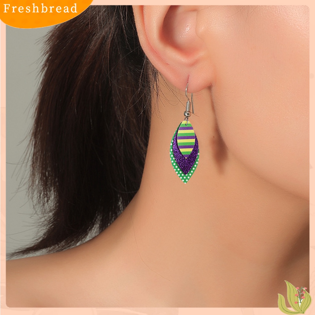 &lt; Freshbread &gt; 1pasang Anting Kait Warna-Warni Glitter Teardrop Berbentuk Daun 3lapisan Kulit Imitasi Menjuntai Anting Perlengkapan Karnaval