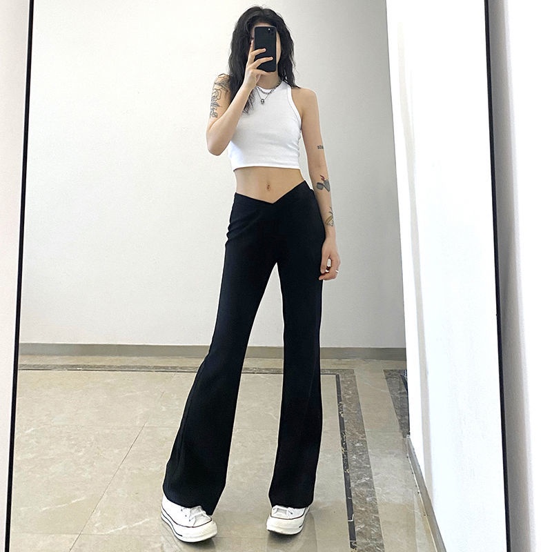 Red Rapcopter longgar slim micro boot celana wanita berbentuk V pinggang menggantungkan tabung lurus all-match kasual lebar kaki celana trendi