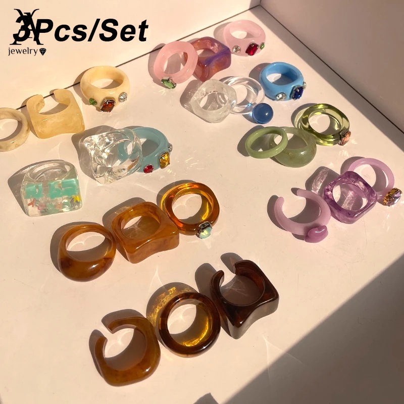 AY(CN) Cincin Berlian Resin Warna-Warni Gaya Retro Korea Untuk Wanita