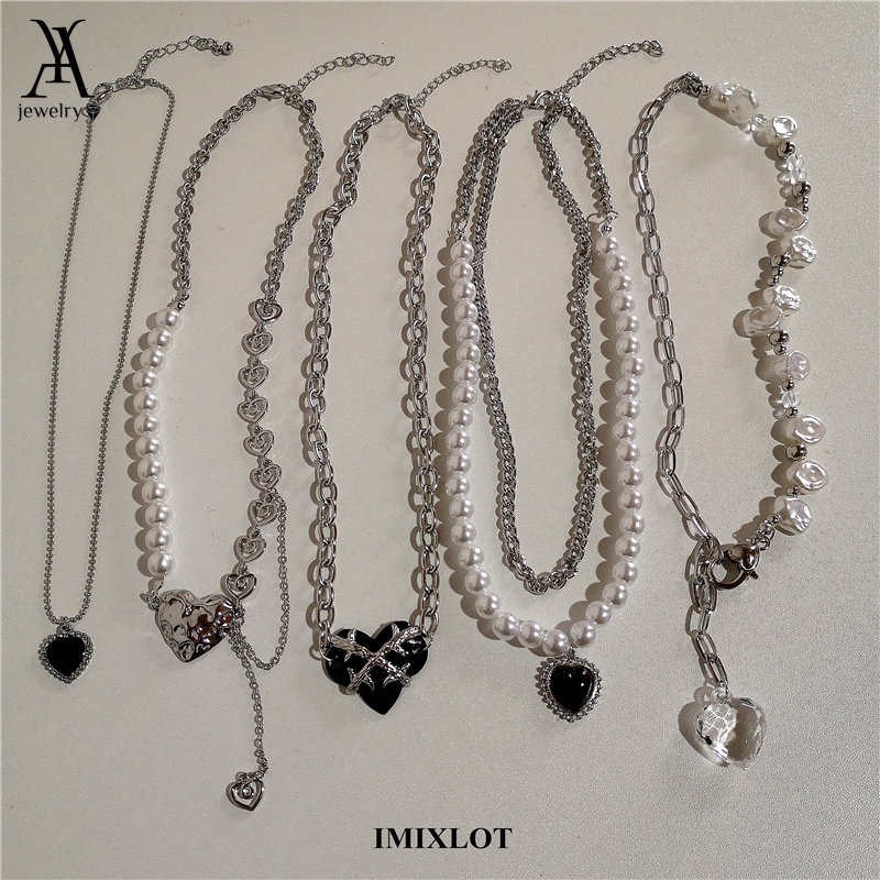 AY(CN) Kalung Rantai Choker Liontin Hati Salib Rumbai Mutiara Warna Silver Untuk Aksesoris Wanita