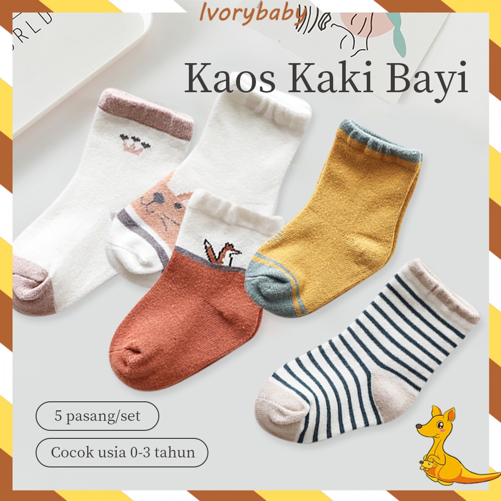 Ivorybaby 5pc Kaos kaki bayi lucu Kaus kaki anak katun 0-3 tahun