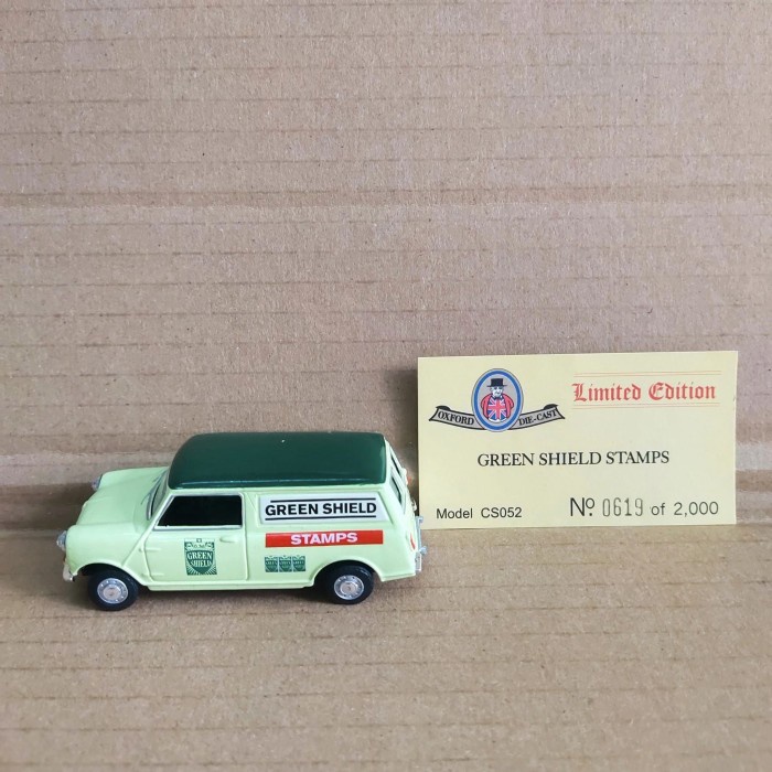 Oxford 1/43 Austin Morris Mini Panel Van Green Shield Stamps China