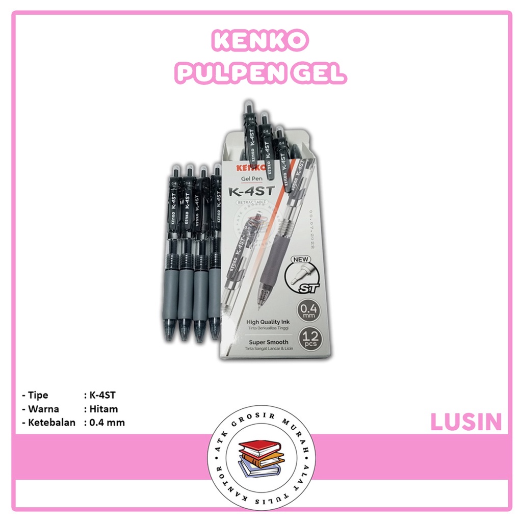 

KENKO - Pulpen Gel K-4 ST Gelpen Hitam ketebalan 0.4 mm - Lusin