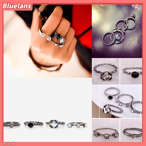 {In Stock} 4Pcs Wanita Retro Punk Berlian Imitasi Cincin Set Mid Finger Stack Ring Fashion Jewelry