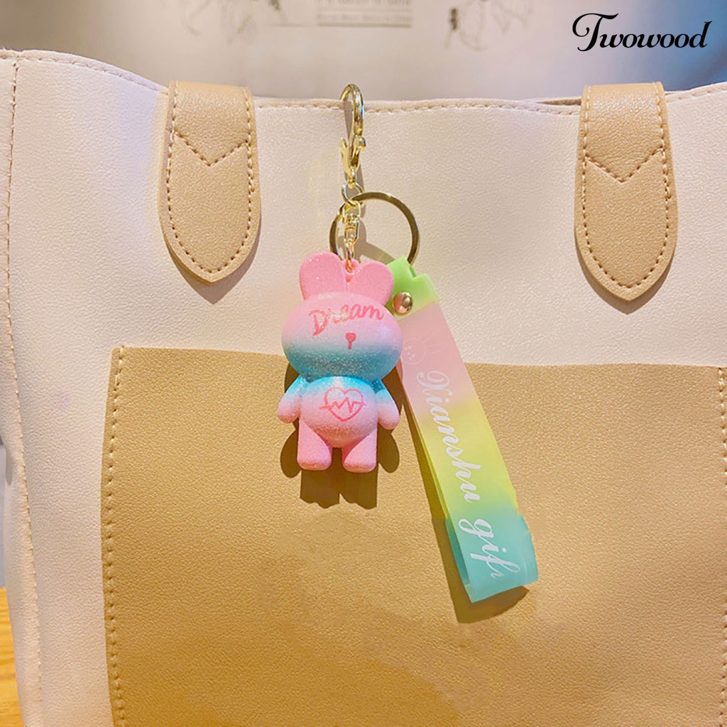 Twowood Rabbit Keychain Warna Gradien Cinta Hati 3D Boneka Silikon Hewan Lucu Bunny Car Key Ring Liontin Mahasiswa Ransel Ornamen