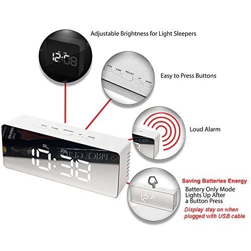 209 LED Mirror Alarm Clock Digital Snooze With Temperature Display