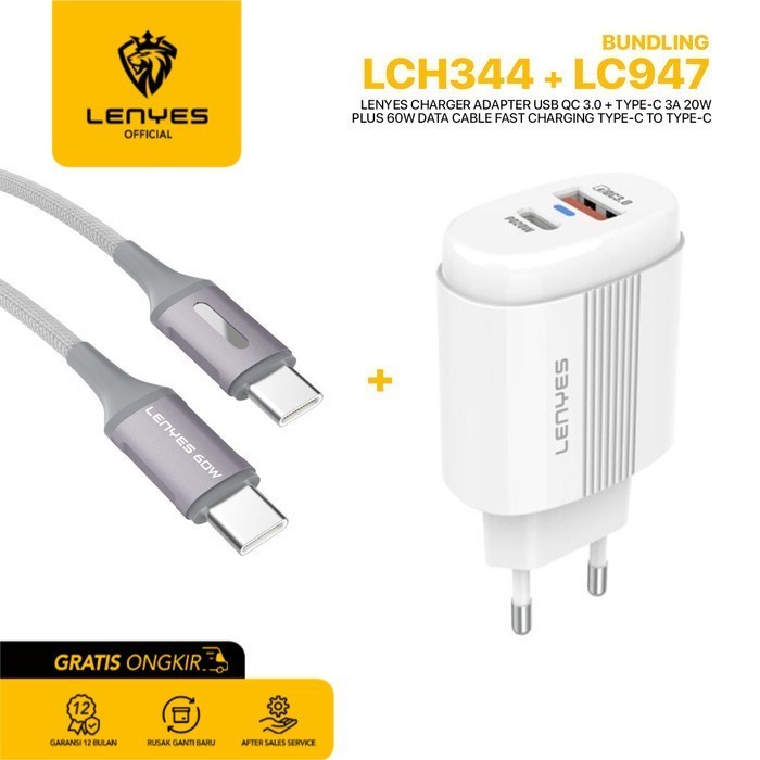 Lenyes LCH344 + LC947 Charger Handphone + Data Cable Paket Bundle original kabel cable casan travel charger tc android usb charger micro usb type c batok kepala charger