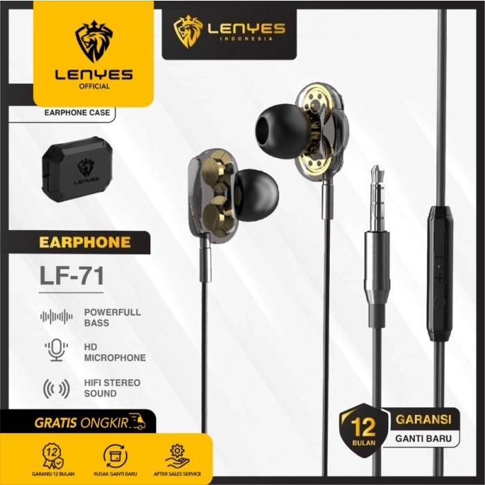 Lenyes LF71 Stereo Wired Earphones Jack 3.5 mm Volume Mic Original handsfree earphone ear in ear bud microphone kabel tanpa